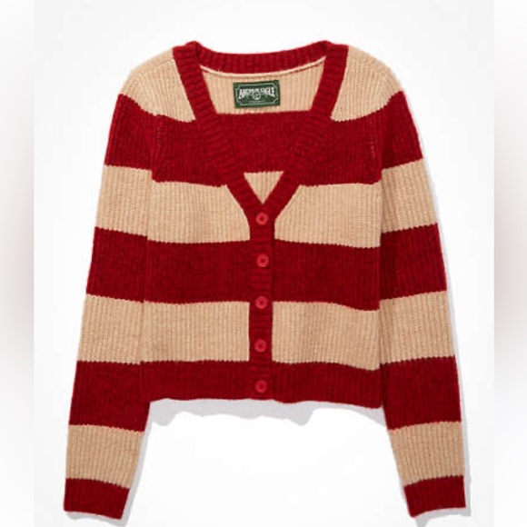 American Eagle Waffle Plush Red And Cream Striped Button Down Cardigan - Picture 1 of 5